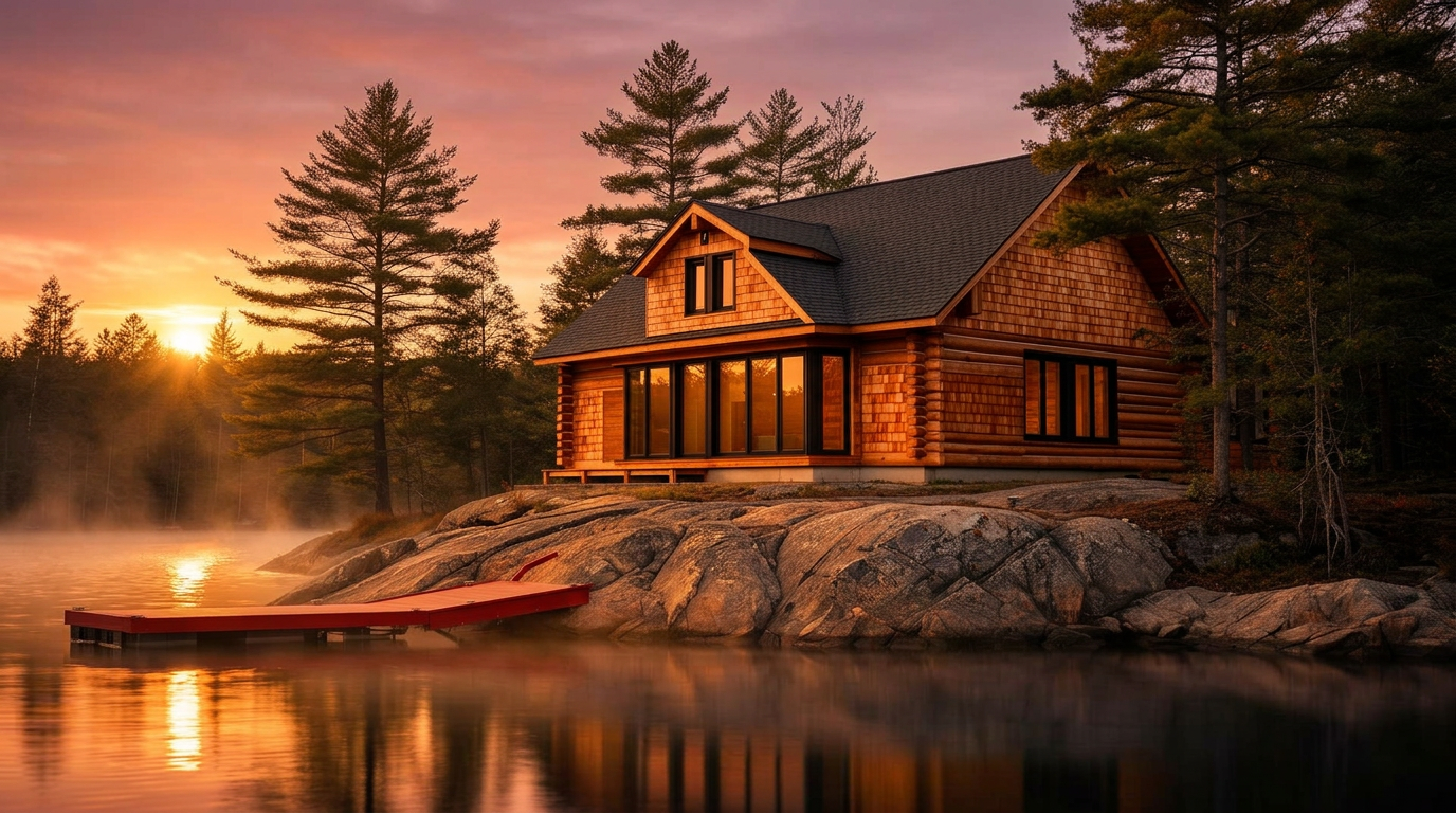Modern log cottage on a granite Ontario lakeshore at golden hour