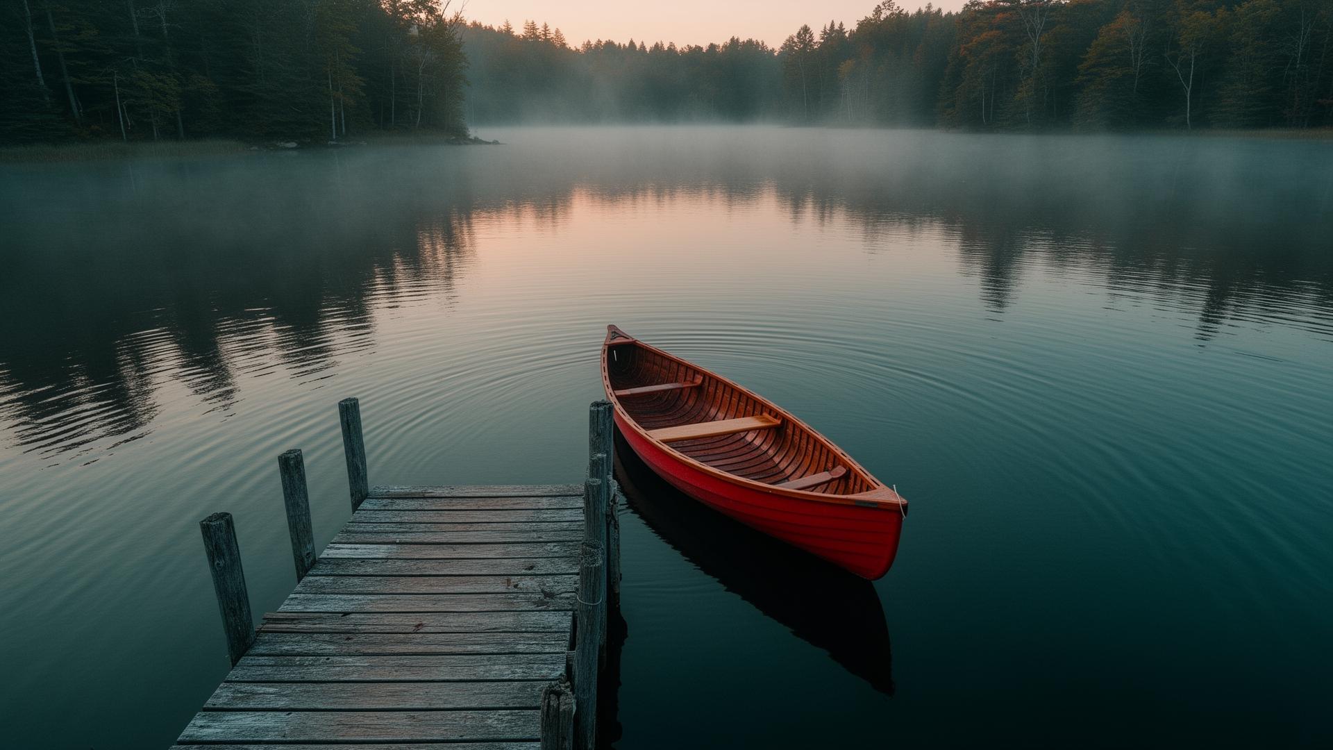 Red canoe on a misty Ontario lake at dawn