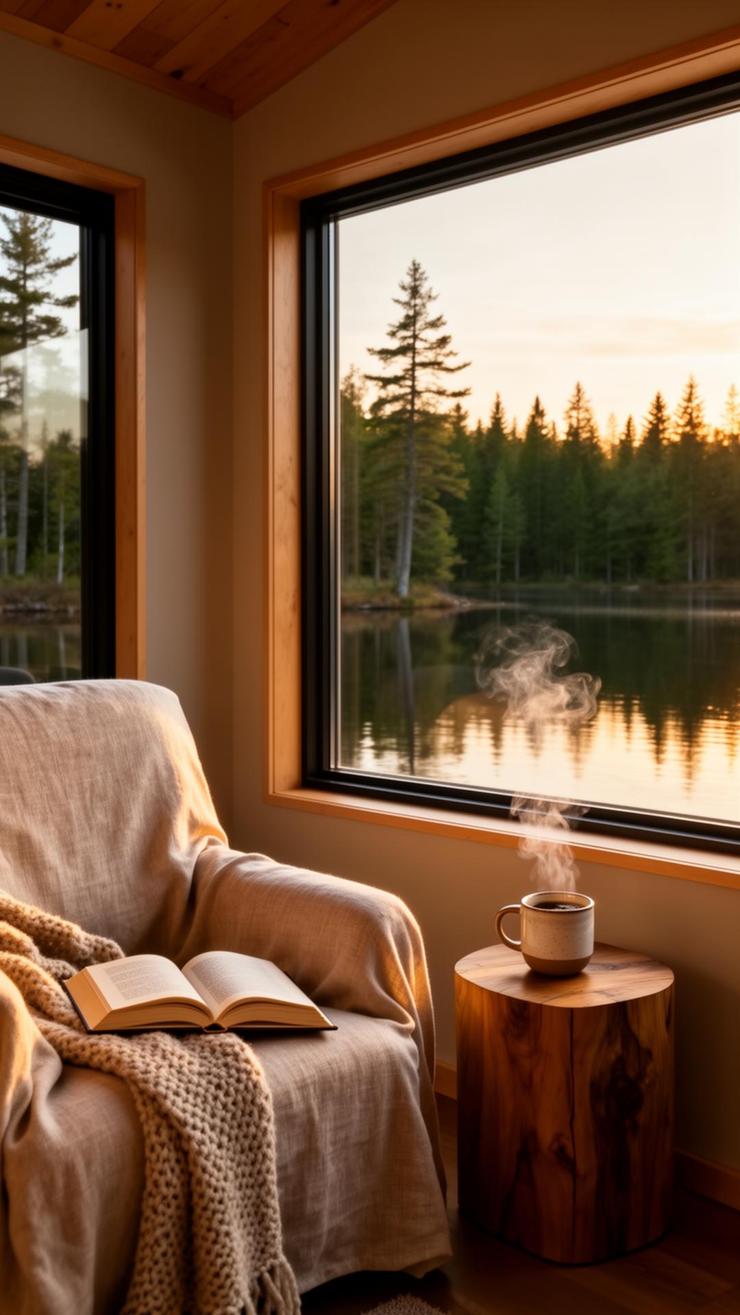 Quiet cabin reading nook at golden hour overlooking an Ontario lake